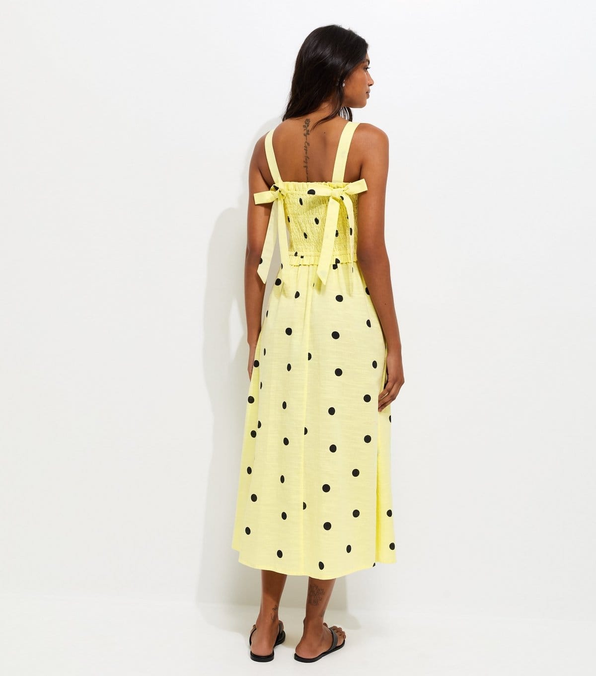New Look Women's Yellow Spot Print Shirred Bow Back Strappy Midi Dress New Look - 4