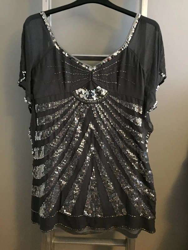 ASOS Grey Silver Sequin Top Chiffon Floaty Sleeves Asos Luxe