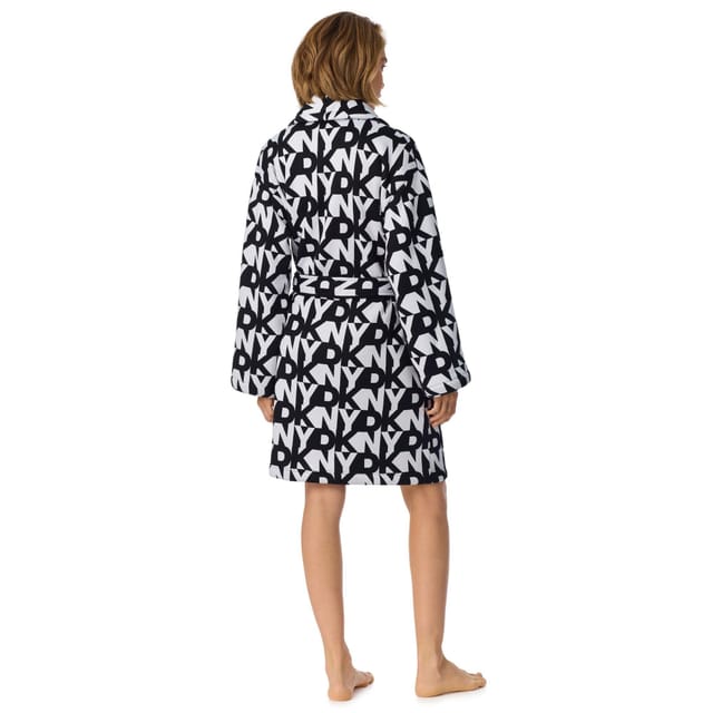 DKNY DKNY Women's 96.5cm Long Sleeve Shawl Collar Robe in Black Logo Bonded Sherpa - 2
