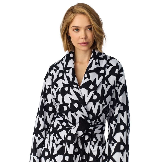 DKNY DKNY Women's 96.5cm Long Sleeve Shawl Collar Robe in Black Logo Bonded Sherpa - 3
