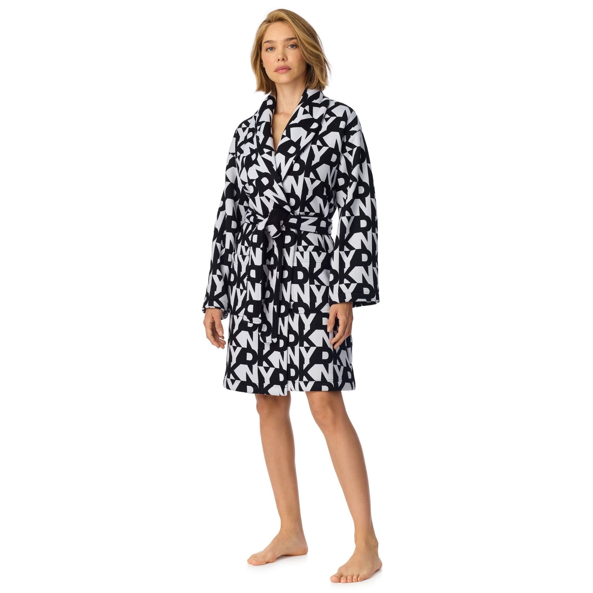DKNY DKNY Women's 96.5cm Long Sleeve Shawl Collar Robe in Black Logo Bonded Sherpa - 4