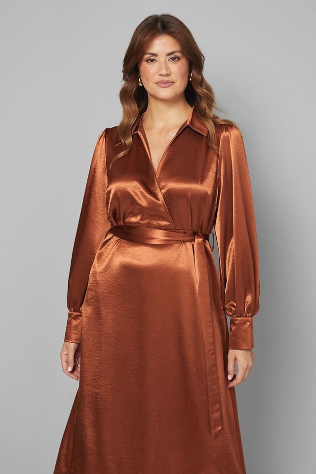 Wallis Wallis Women's Satin Collared Tie Waist Midi Dress in Ginger - 2