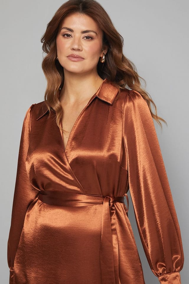 Wallis Wallis Women's Satin Collared Tie Waist Midi Dress in Ginger - 3
