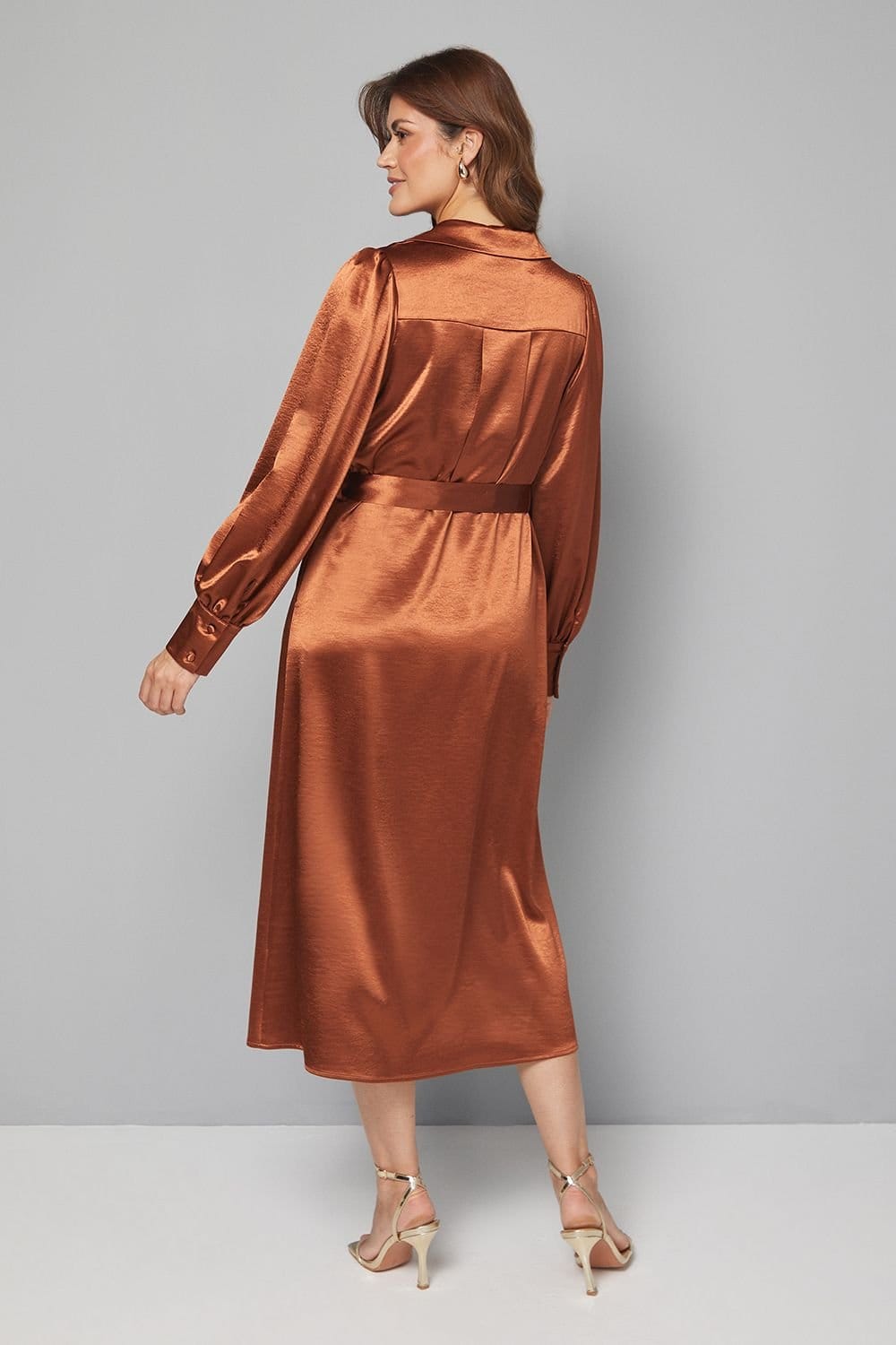 Wallis Wallis Women's Satin Collared Tie Waist Midi Dress in Ginger - 4