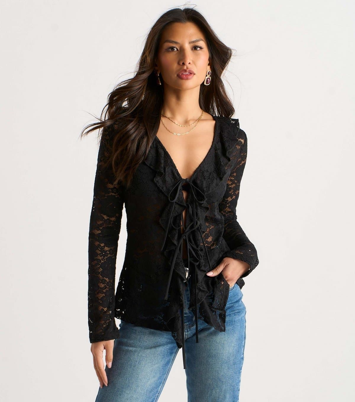 Gini London Women's Jersey Lace Tie Front Blouse Gini London New Look