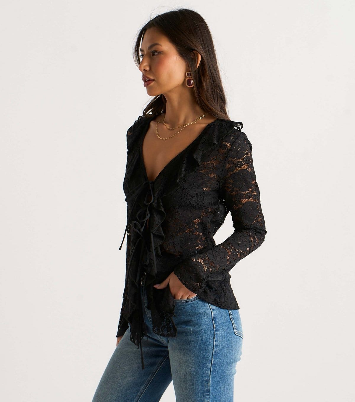 Gini London Women's Jersey Lace Tie Front Blouse Gini London New Look - 4