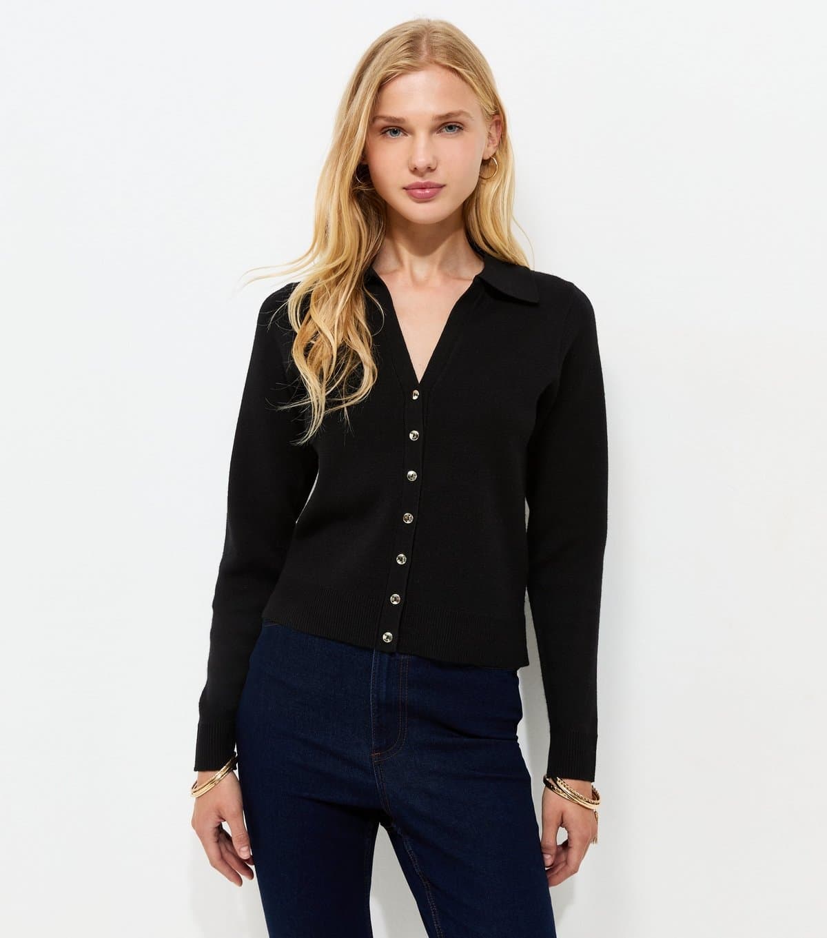 New Look Women's Black Compact Knit Collared Cardigan New Look