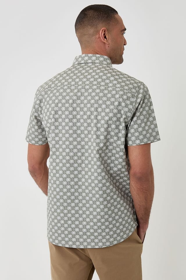 Threadbare threadbare Men's Palm Tree Print Cotton Poplin Short Sleeve Shirt in Pale Green - 2