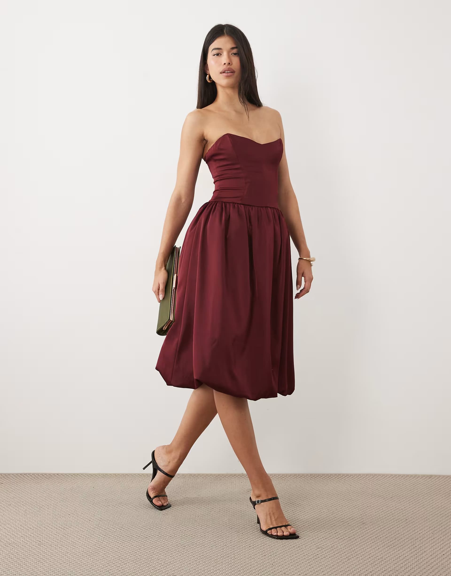 ASOS Oh Polly satin sweetheart bandeau bow detail bubble hem midi dress in burgundy