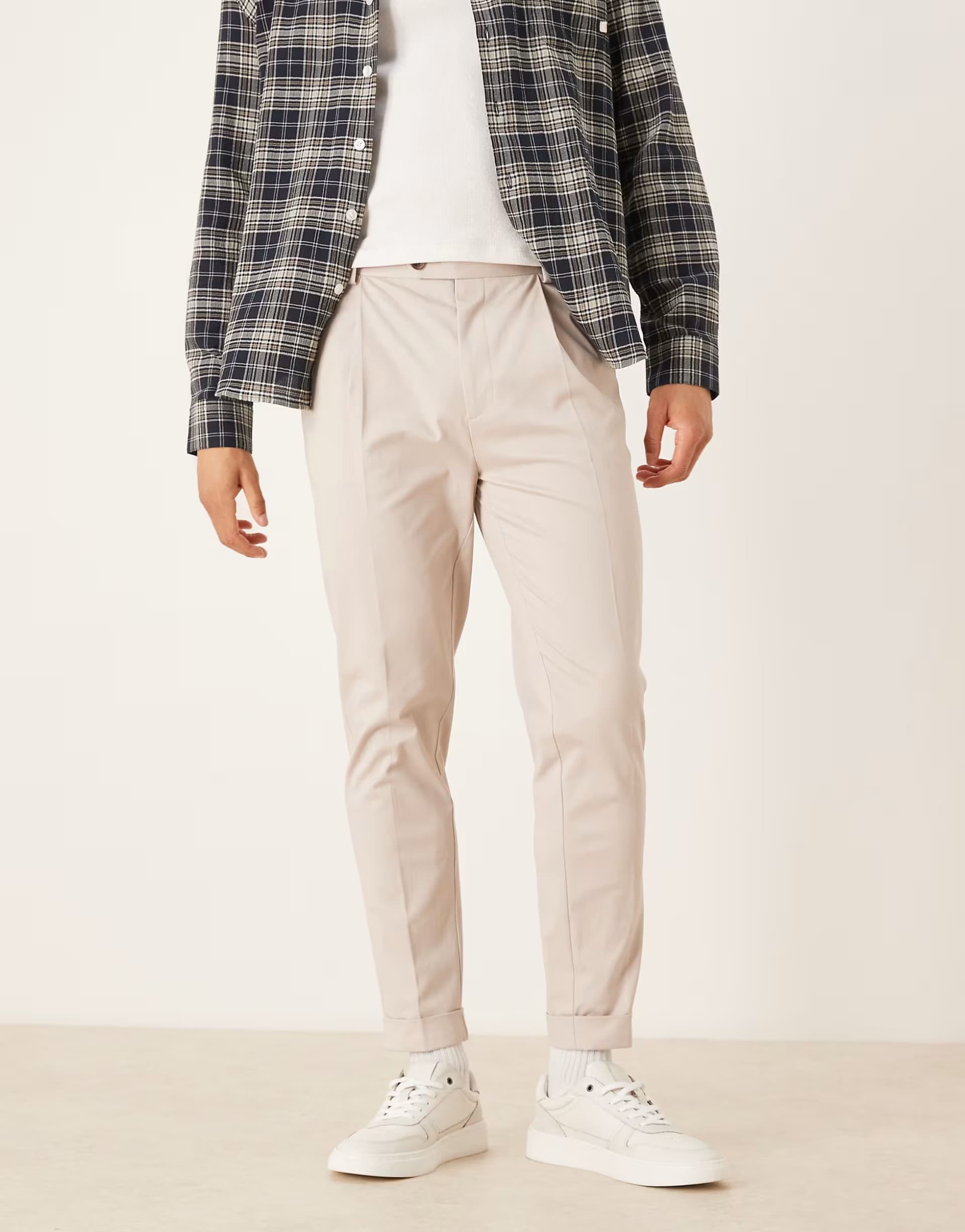 ASOS ASOS DESIGN smart cotton rich tapered chino trousers in stone with turnup