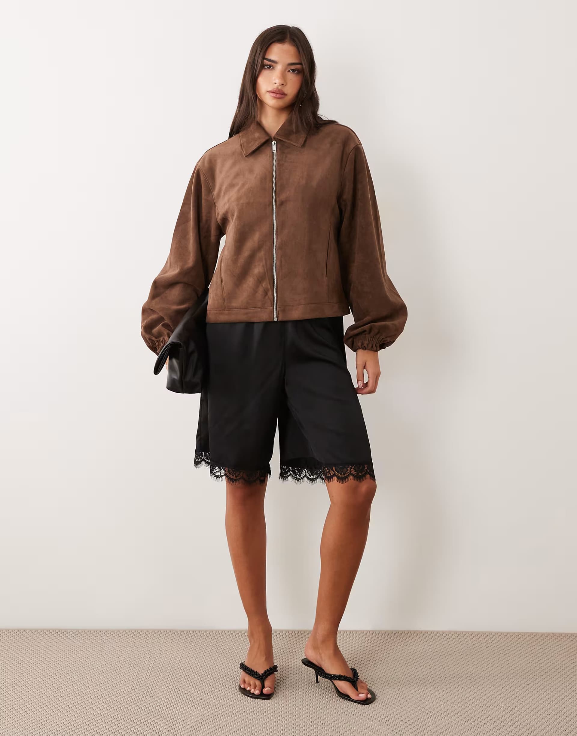 ASOS Miss Selfridge satin and lace bermuda short in black