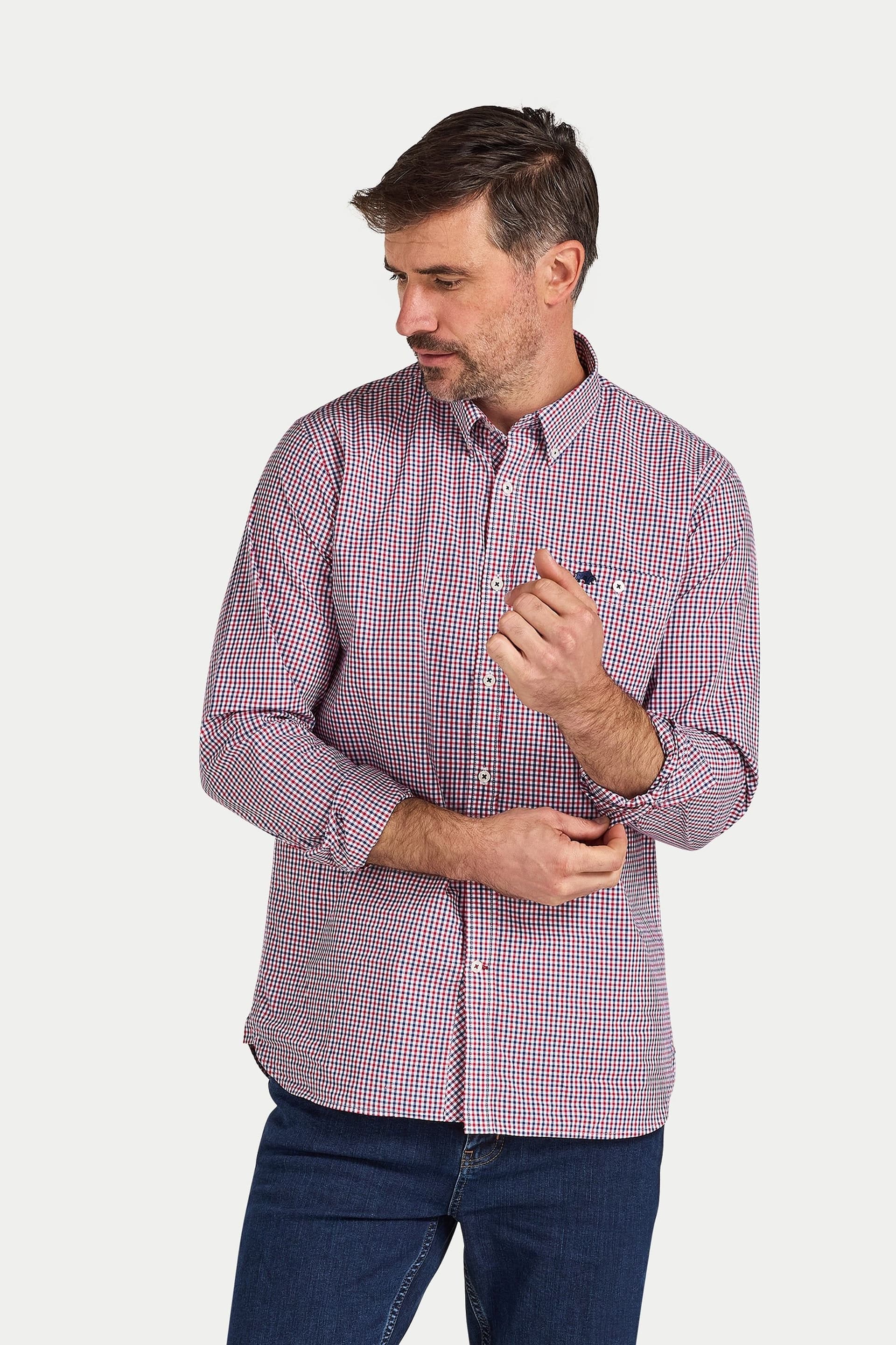 raging bull Raging Bull Men's Long Sleeve Graph Check Poplin Cotton Shirt in Red
