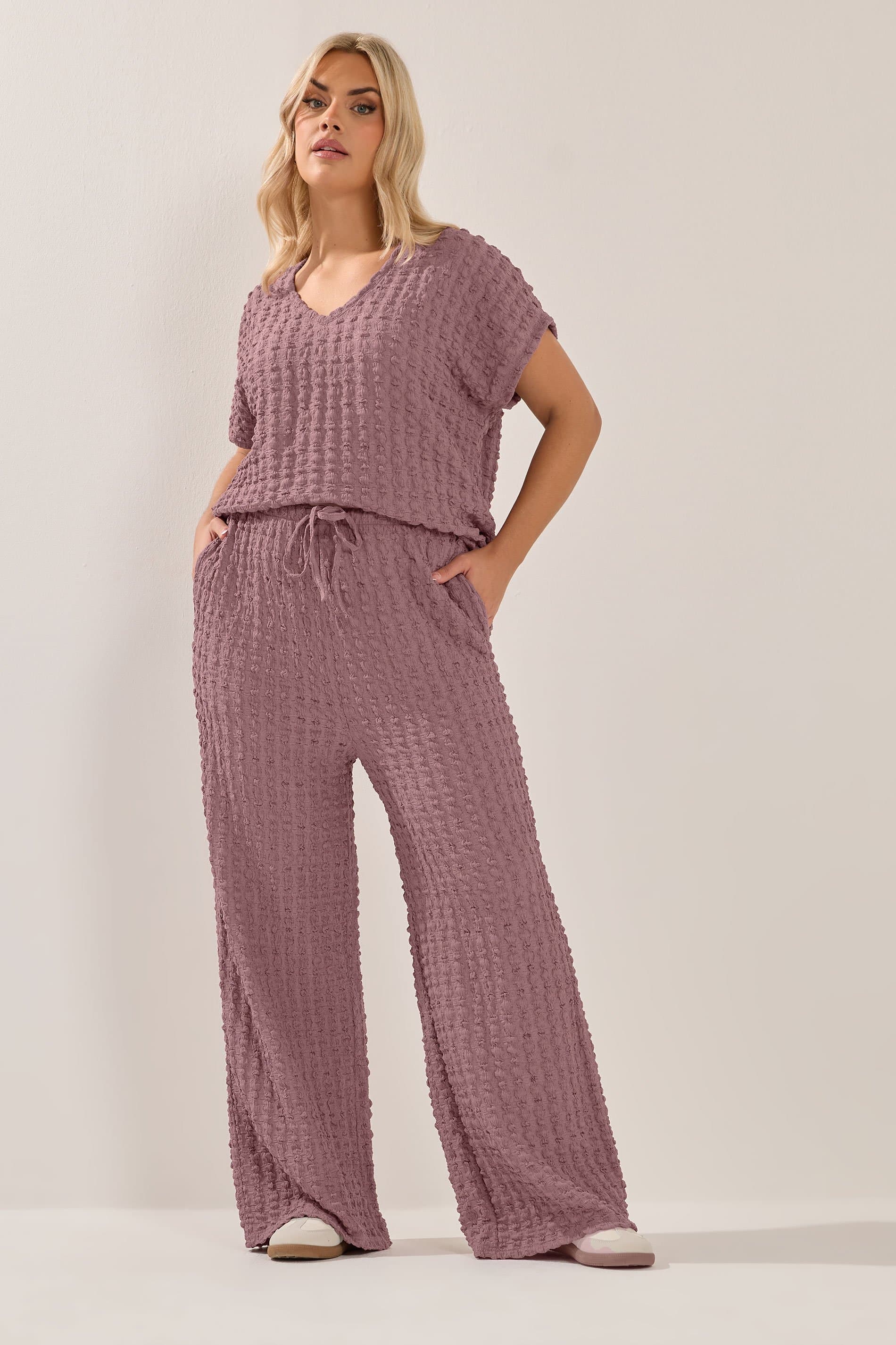 Yours Plus Size Dusky Pink Bubble Textured Wide Leg Trousers