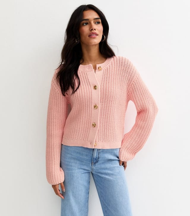 New Look Women's Light Pink Hammered Button Cotton Rich Chunky Knit Cardigan New Look - 2