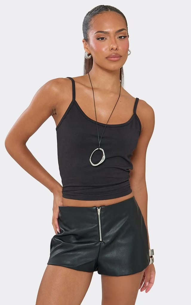 EGO Mid Rise Zip Up Front Hot Pant Shorts In Black Faux Leather, Women's Size UK 6 - 2