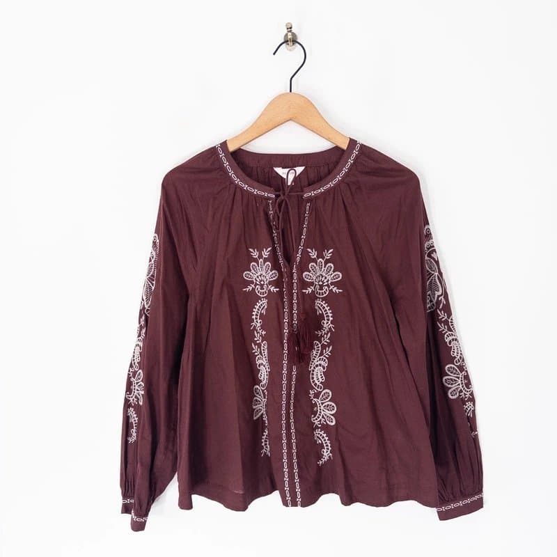 Marks & Spencer M&S Per Una Brown Cotton Embroidered Blouse Size 12 Boho Long Sleeve RRP £39.50
