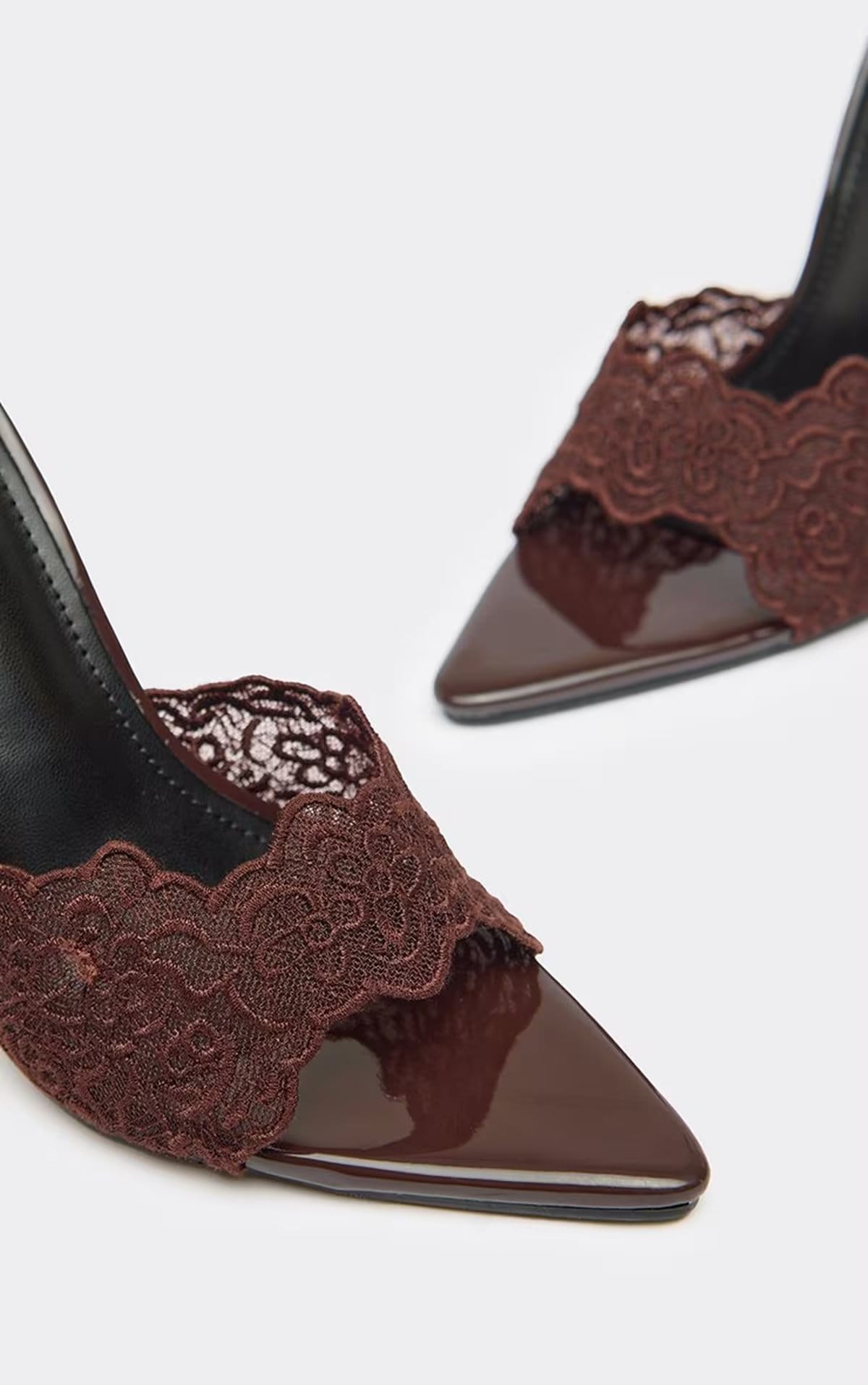 EGO Ozzie Lace Strap Pointed Peep Toe Stiletto Heeled Mule In Brown Patent, Women's Size UK 3 - 1