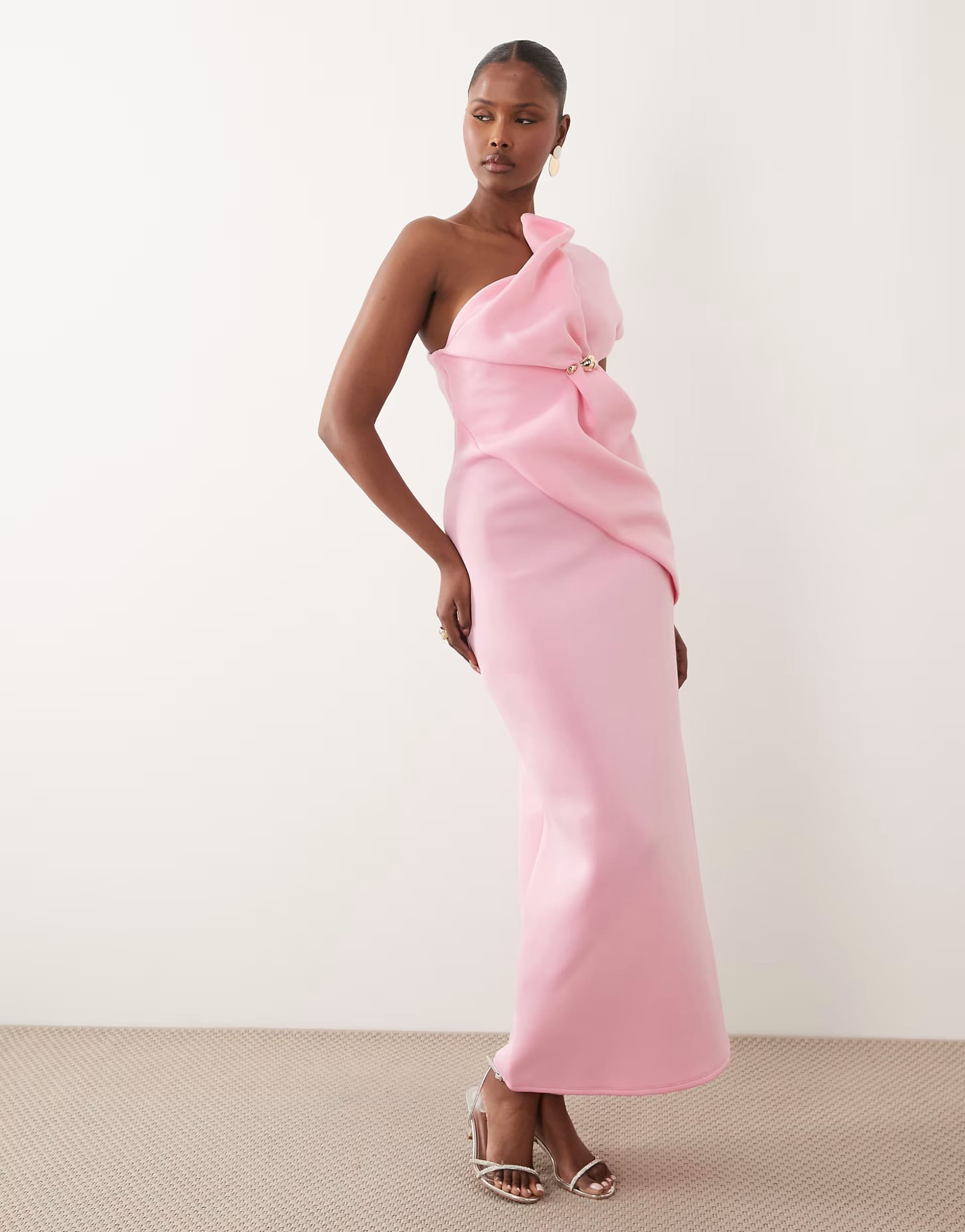 ASOS Pink Scuba-Style Asymmetric One-Shoulder Midi Dress