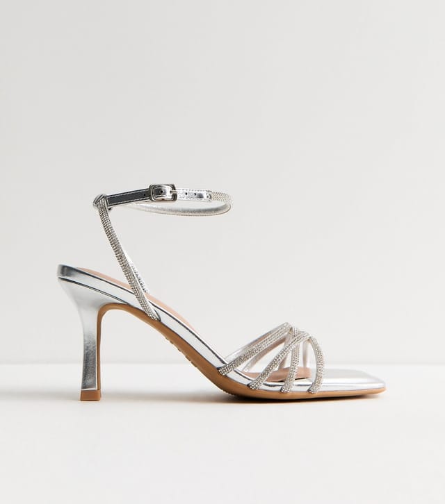New Look Women's Silver Faux Leather Diamante Strap Stiletto Sandals Vegan New Look - 2