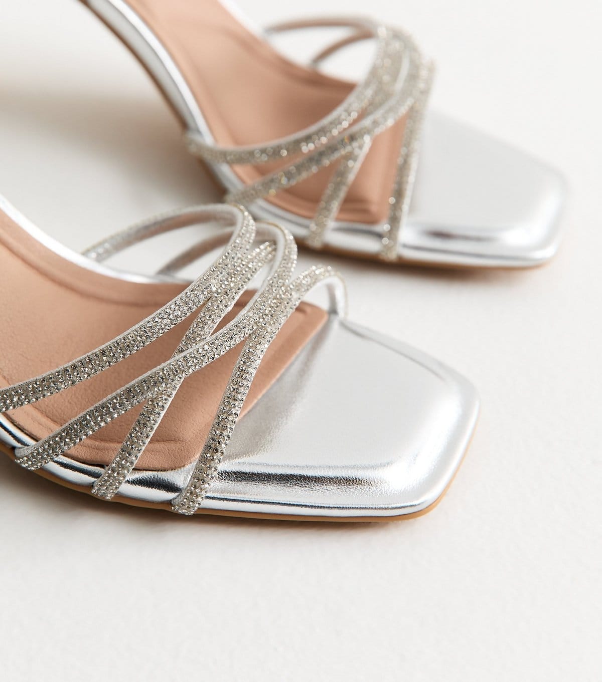 New Look Women's Silver Faux Leather Diamante Strap Stiletto Sandals Vegan New Look - 4