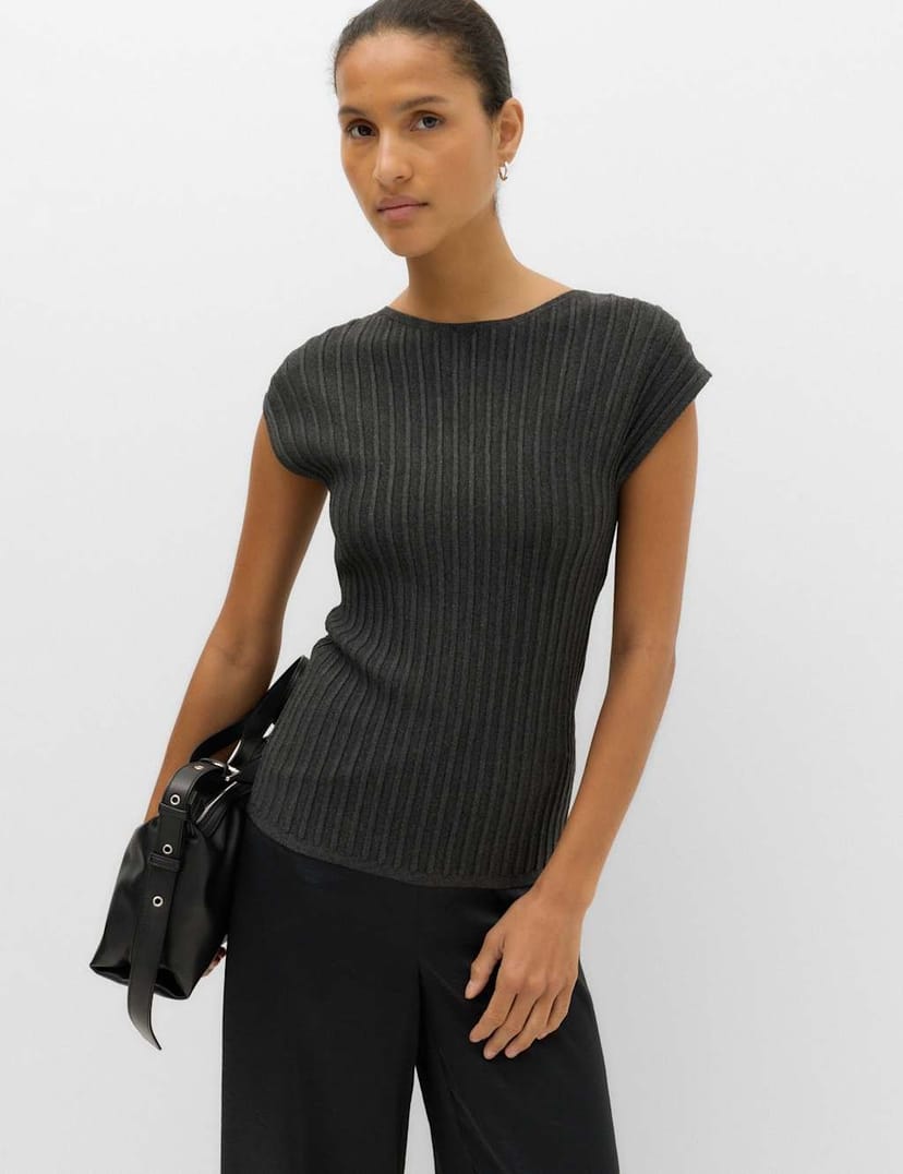 Marks & Spencer M&S Ribbed Slash Neck Fitted Knitted Top Charcoal - 1