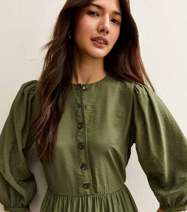 New Look Women's Light Khaki Buttoned Cropped Sleeve Midi Dress New Look - 2