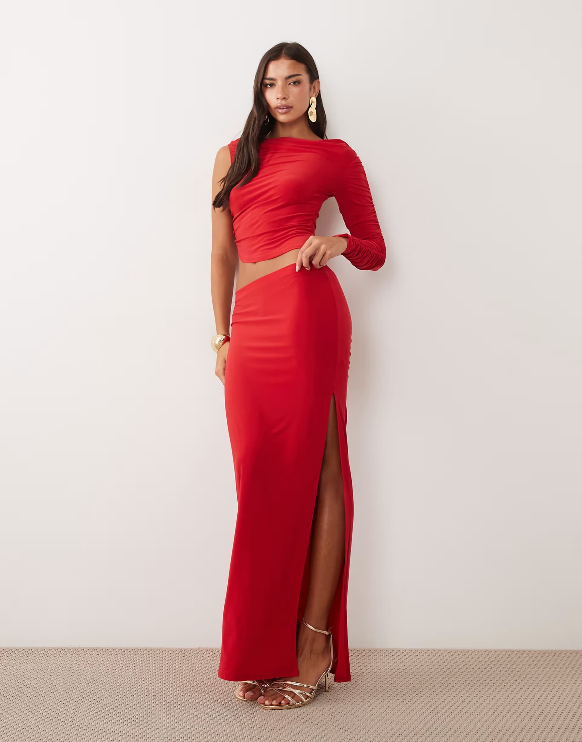 ASOS ASOS DESIGN co-ord draped slinky ruched front maxi skirt with high split in red