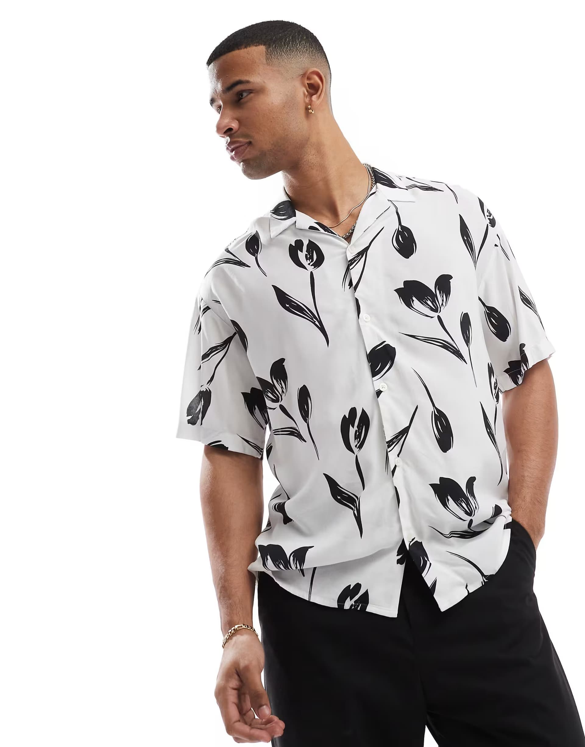 ASOS Jack & Jones revere collar floral print shirt sleeve shirt in white