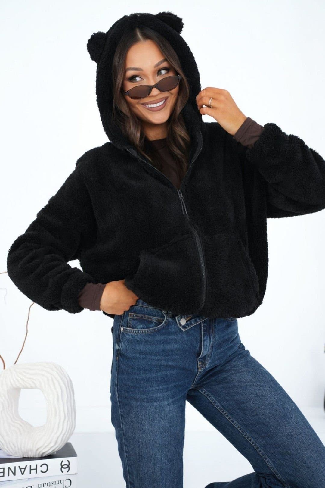 Love Lace Love Lace Women's Teddy Bear Soft Zip Hoodie Sweatshirt in Black