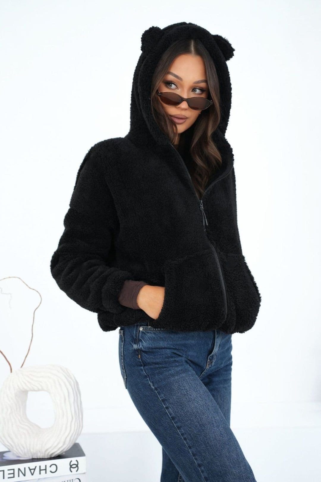 Love Lace Love Lace Women's Teddy Bear Soft Zip Hoodie Sweatshirt in Black - 4