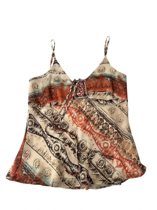 Papaya y2k beige and orange patterned bead embellished halter neck style cami top
