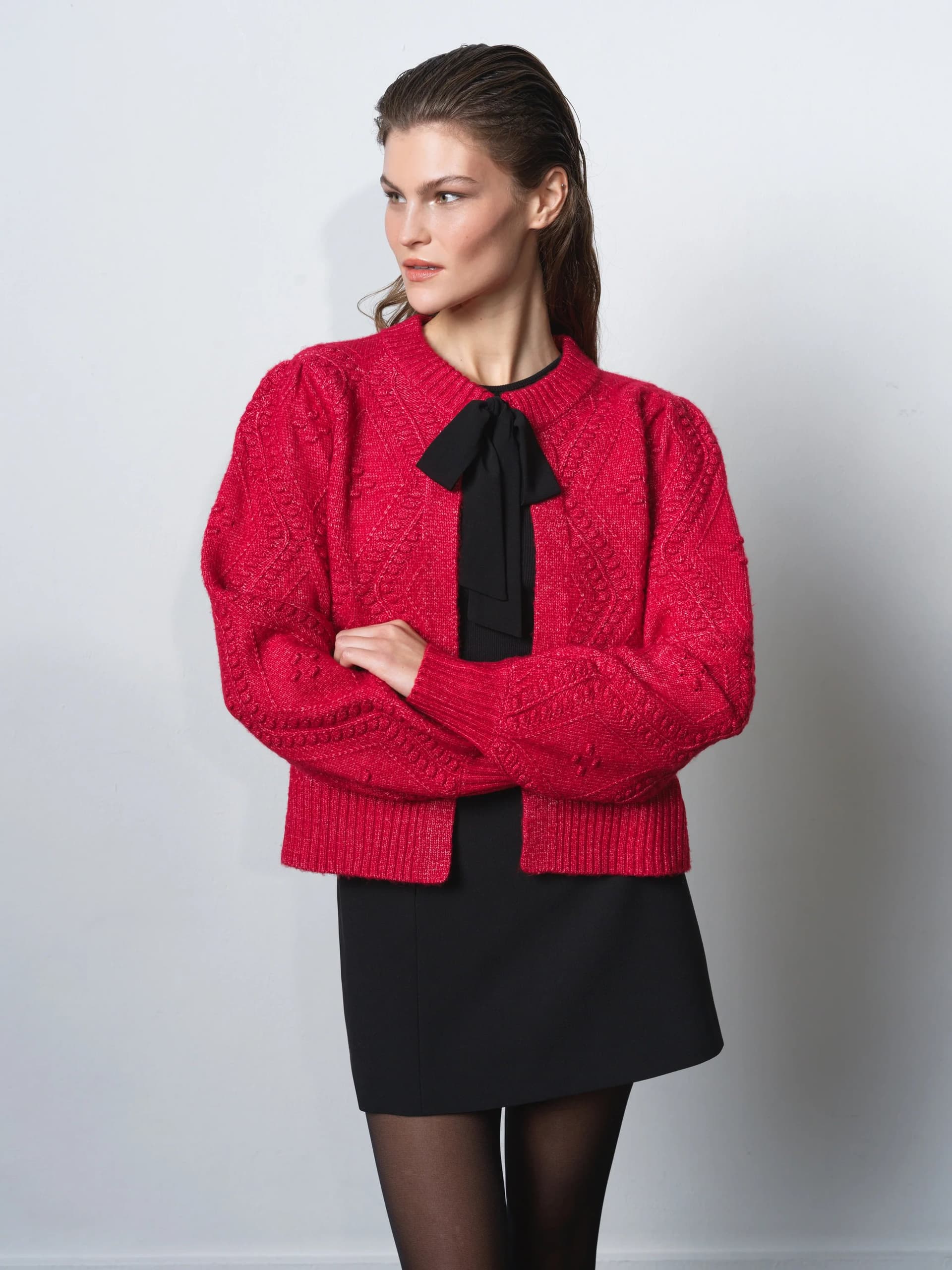 French Connection Kitty Recycled Bobble Bow Cardigan Lipstick Red/Black