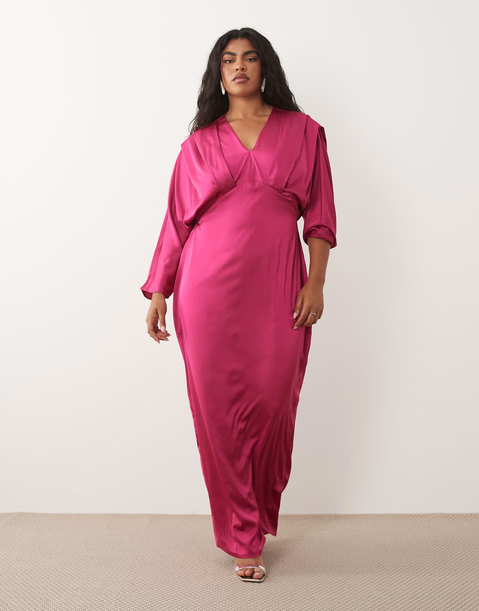 ASOS TFNC Plus satin kimono sleeve maxi dress in dark pink