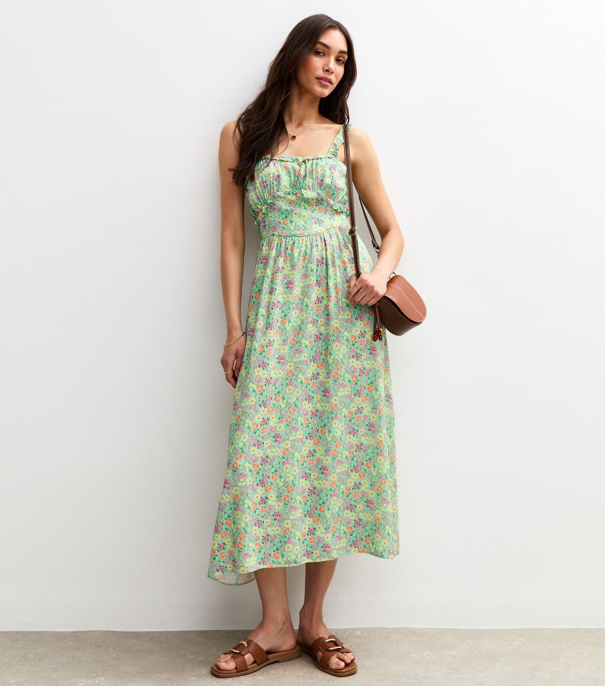New Look Women's Green Floral Print Strappy Milkmaid Midi Dress New Look