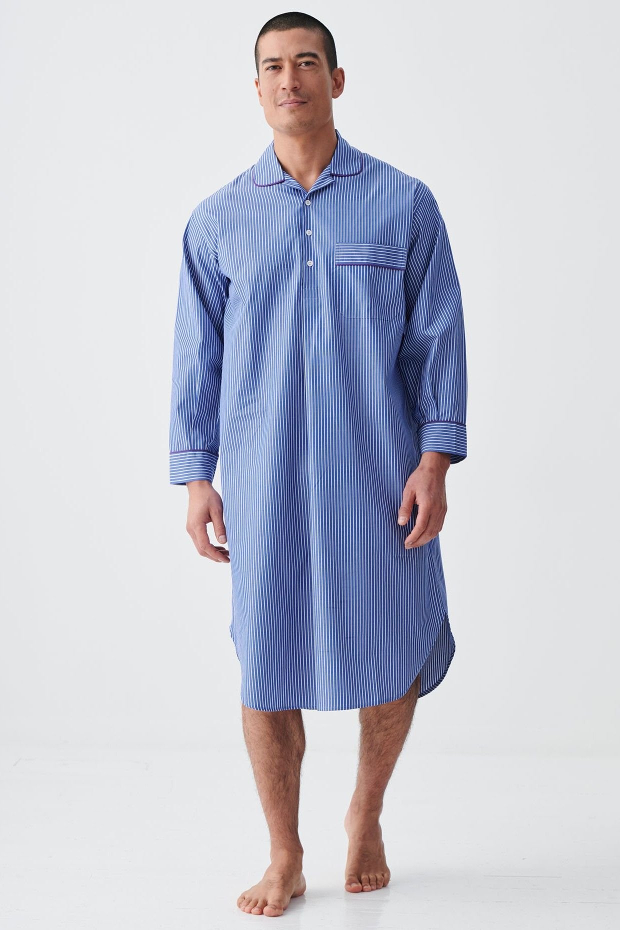 British Boxers British Boxers Men's "Stowe Prussian Blue & White Stripe" Crisp Cotton Nightshirt in Navy - 2