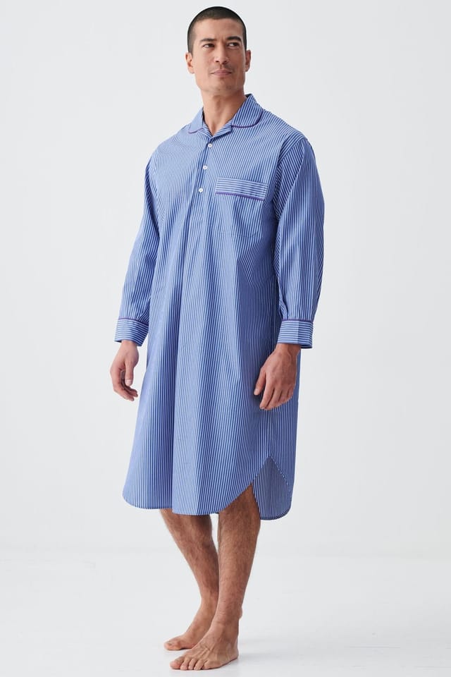 British Boxers British Boxers Men's "Stowe Prussian Blue & White Stripe" Crisp Cotton Nightshirt in Navy - 2