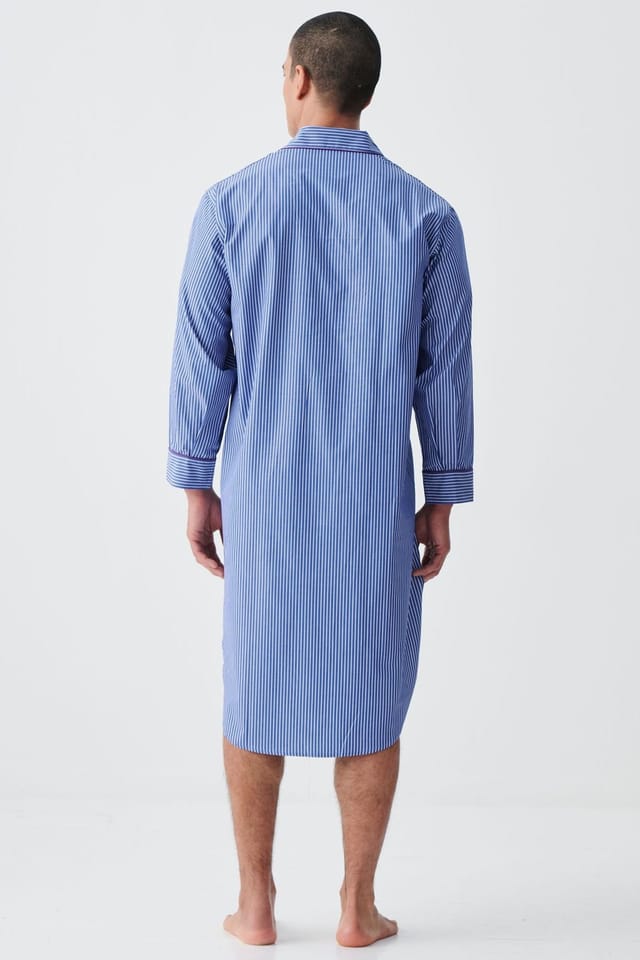 British Boxers British Boxers Men's "Stowe Prussian Blue & White Stripe" Crisp Cotton Nightshirt in Navy - 3