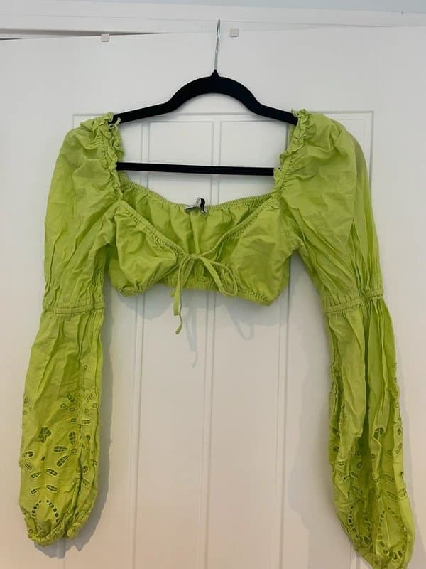 Bershka Bershka lime green long sleeve tie crop top with embroidered sleeves