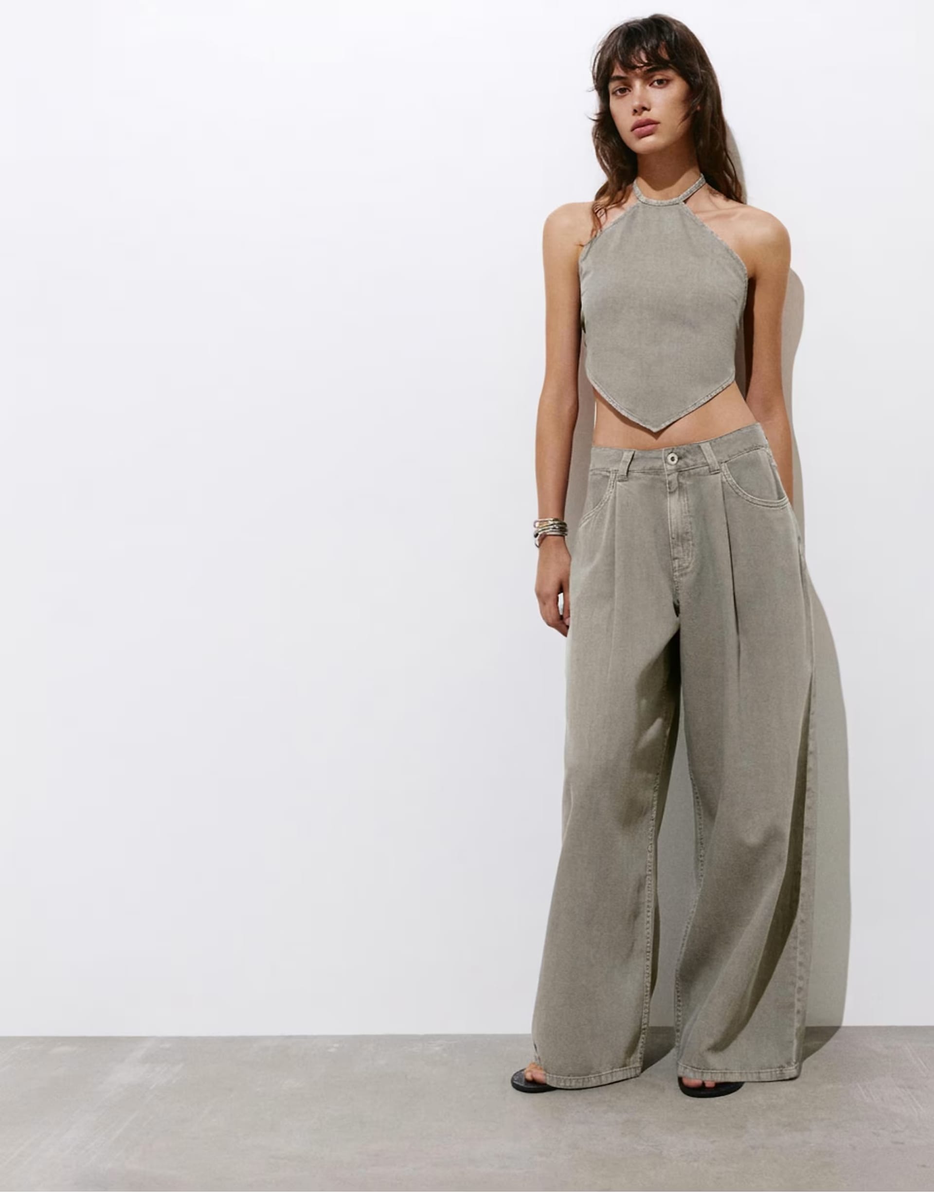 ASOS Taupe Denim Crop Top and Trousers Set