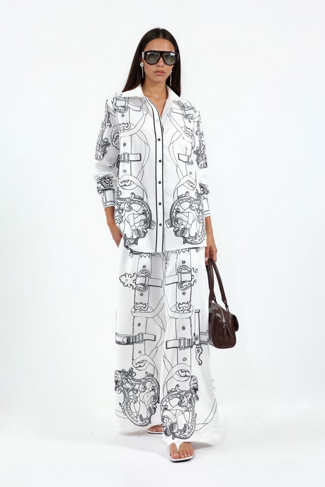 MSN Collection MSN Collection Women's Printed Shirt & Wide-Leg Trouser Set in Off-White