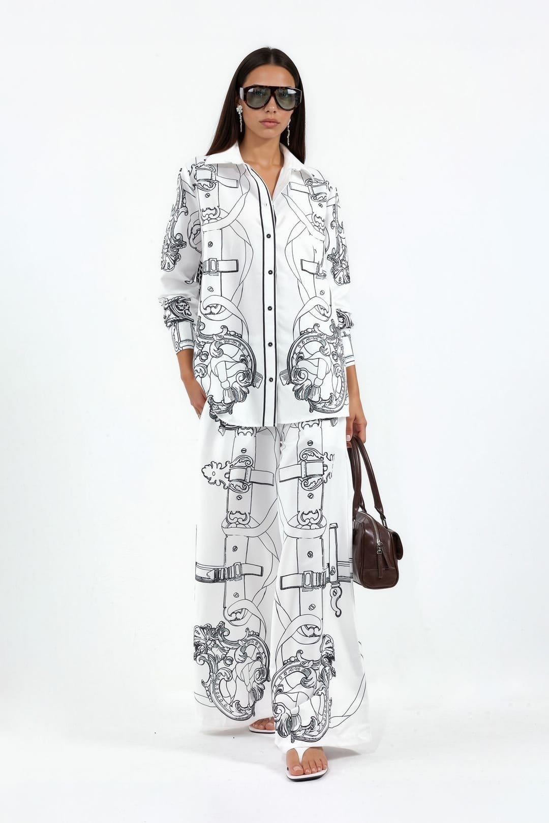 MSN Collection MSN Collection Women's Printed Shirt & Wide-Leg Trouser Set in Off-White - 1