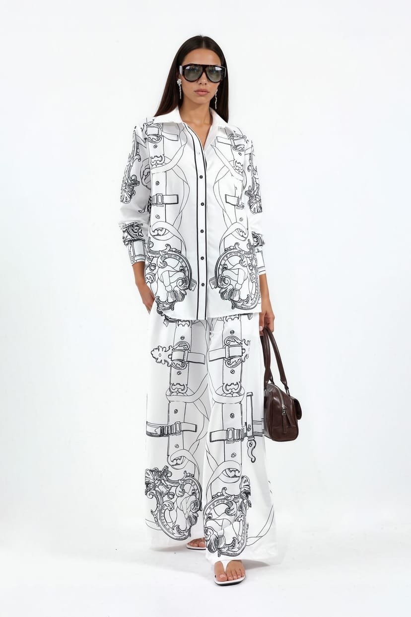 MSN Collection MSN Collection Women's Printed Shirt & Wide-Leg Trouser Set in Off-White - 1