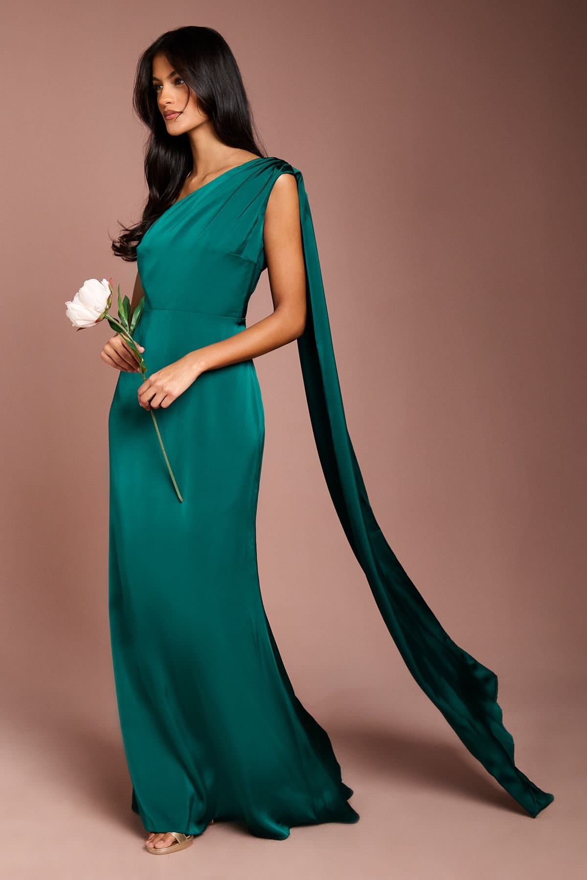 Coast Coast Women's Honoured Petite Drape One Shoulder Satin Maxi Bridesmaid Dress in Emerald