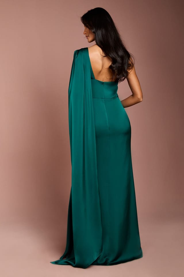 Coast Coast Women's Honoured Petite Drape One Shoulder Satin Maxi Bridesmaid Dress in Emerald - 3