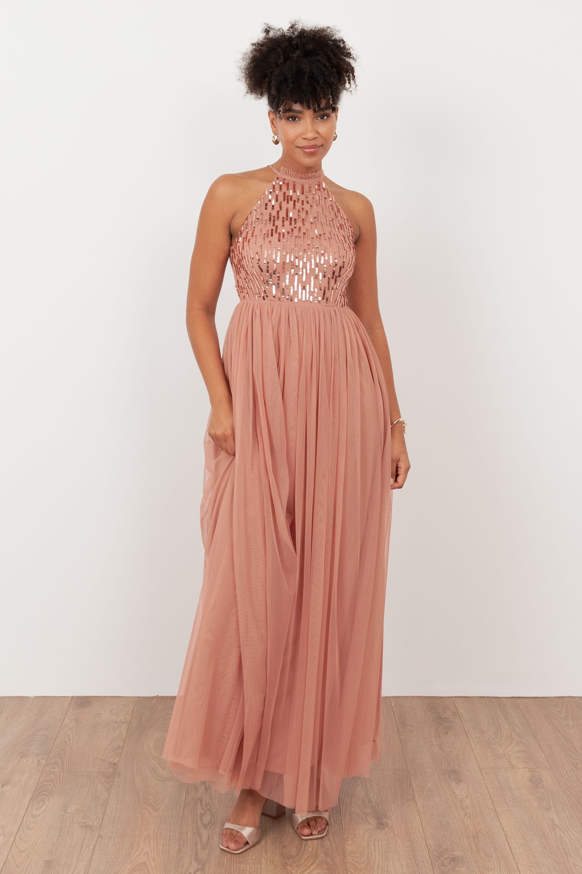 Maya Deluxe Maya Deluxe Women's Linear Embellished Halter Neck Maxi Dress in Pink