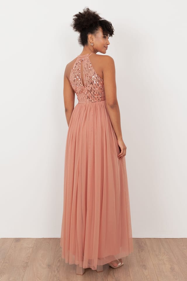 Maya Deluxe Maya Deluxe Women's Linear Embellished Halter Neck Maxi Dress in Pink - 2