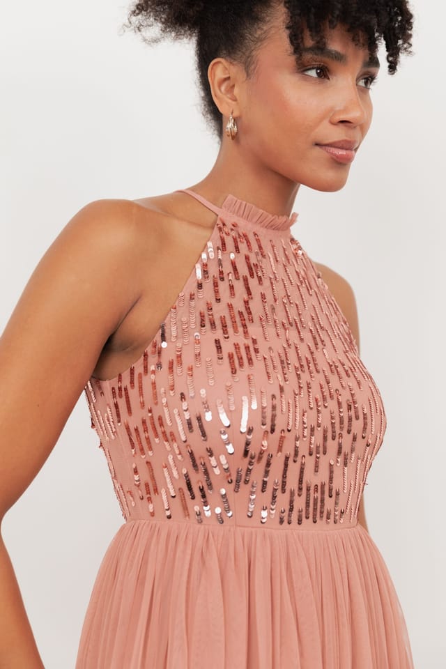 Maya Deluxe Maya Deluxe Women's Linear Embellished Halter Neck Maxi Dress in Pink - 3