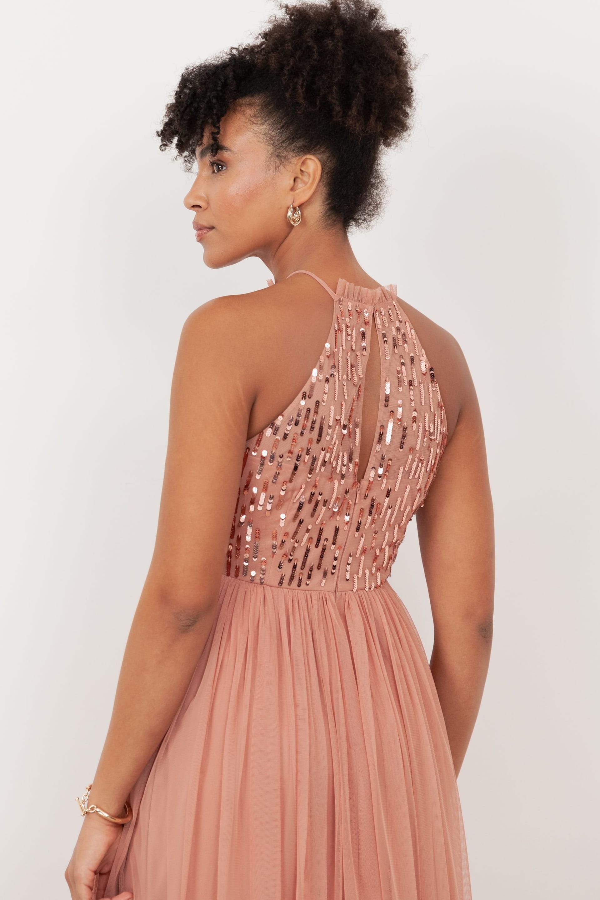 Maya Deluxe Maya Deluxe Women's Linear Embellished Halter Neck Maxi Dress in Pink - 4