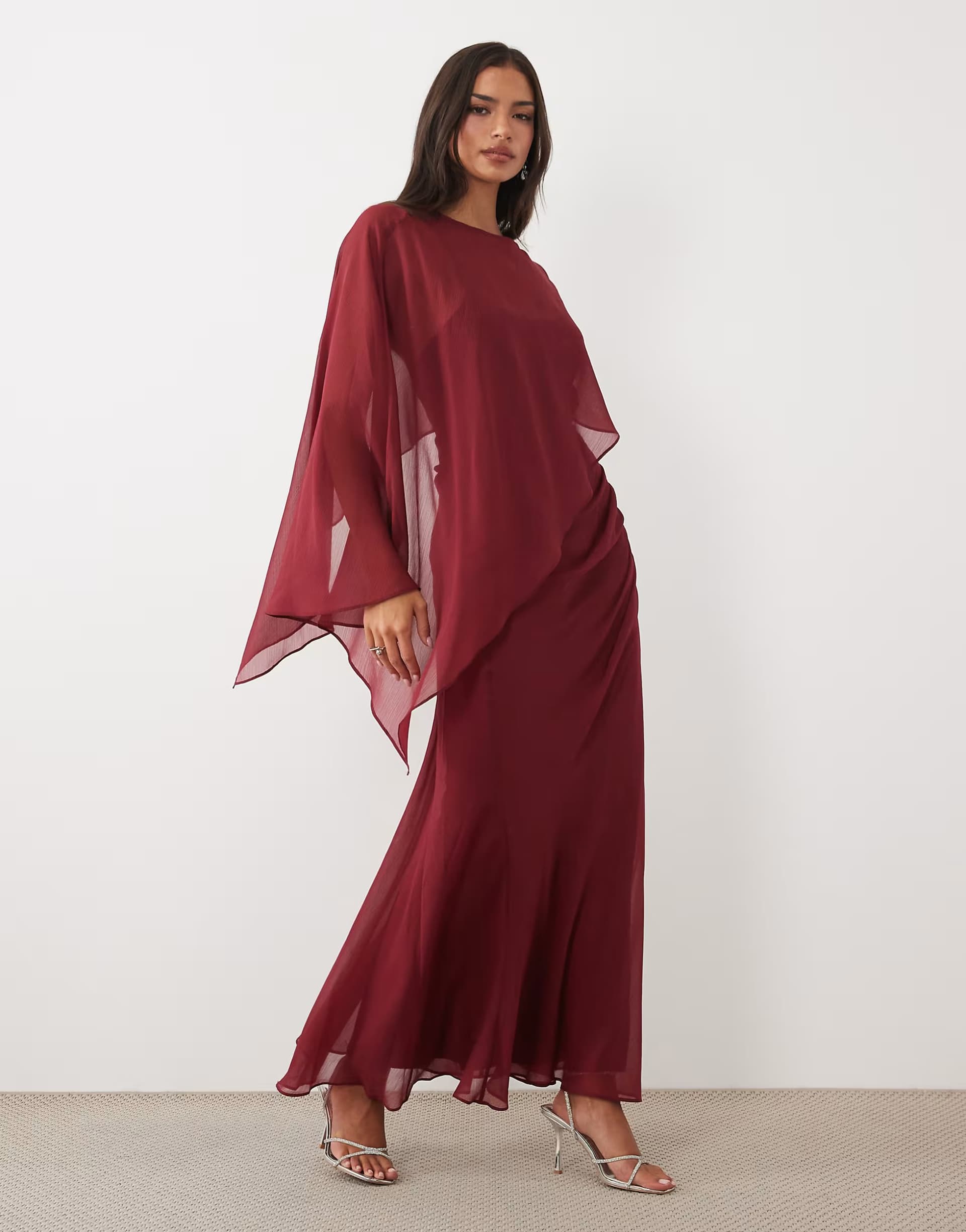 ASOS ASOS DESIGN draped batwing asymmetric one sleeve maxi dress in burgundy