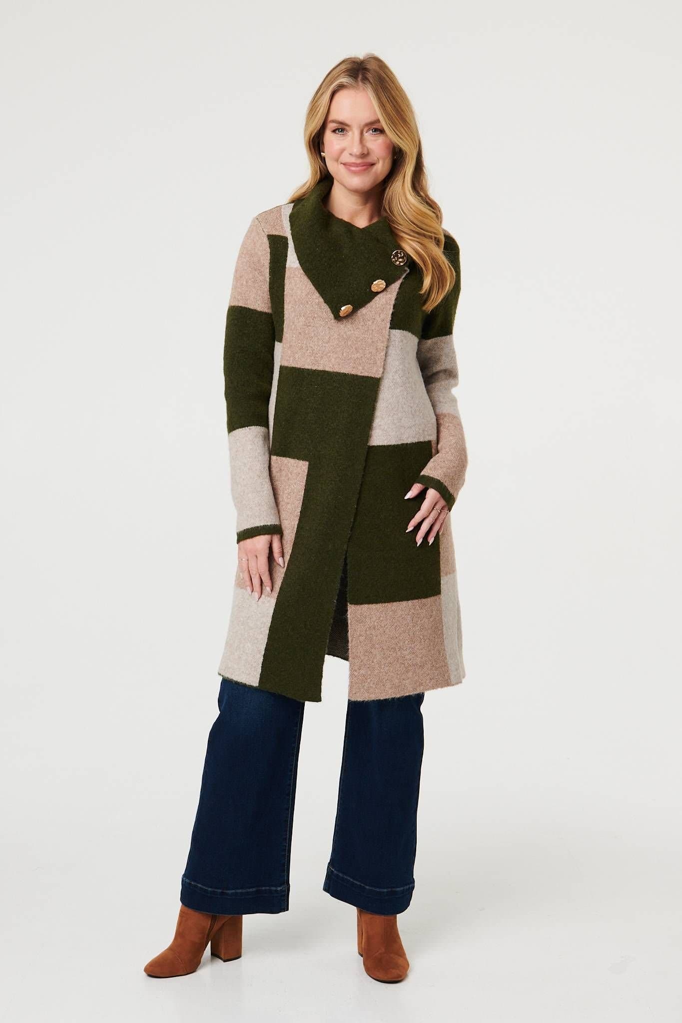 Izabel London Izabel London Women's Colour Block Textured Longline Coatigan in Green